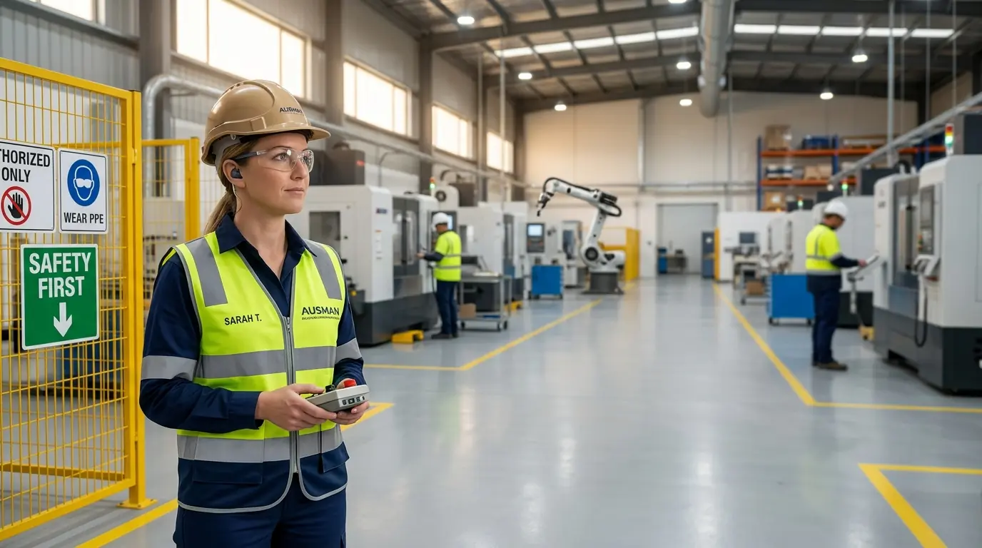 Worker in PPE inside an industrial factory environment